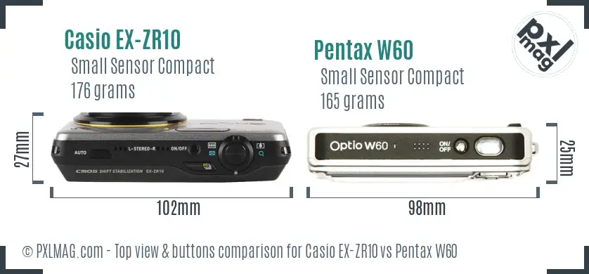 Casio EX-ZR10 vs Pentax W60 top view buttons comparison