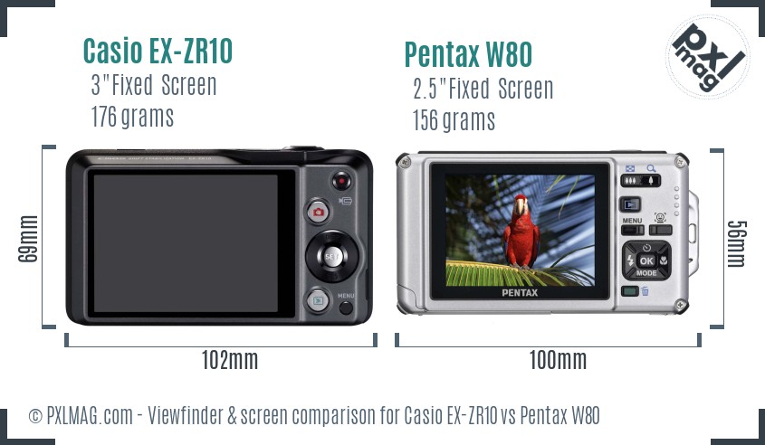 Casio EX-ZR10 vs Pentax W80 Screen and Viewfinder comparison