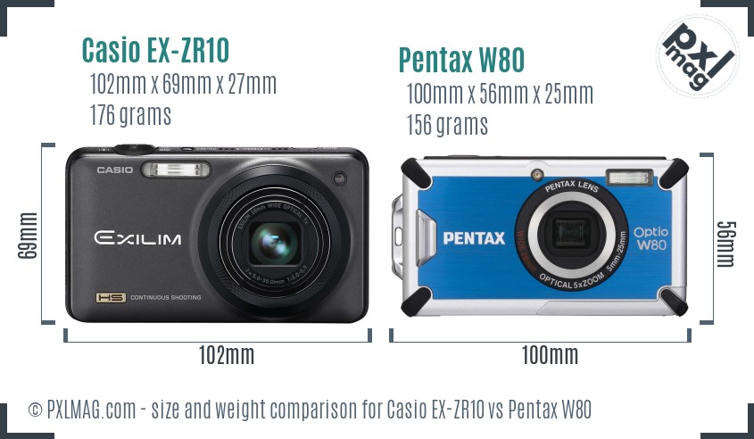 Casio EX-ZR10 vs Pentax W80 size comparison Casio EX-ZR10 vs Pentax W80 size comparison