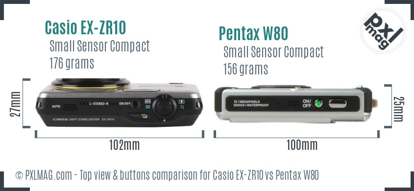 Casio EX-ZR10 vs Pentax W80 top view buttons comparison