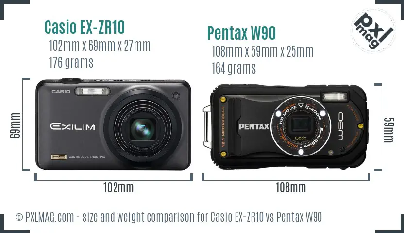 Casio EX-ZR10 vs Pentax W90 size comparison