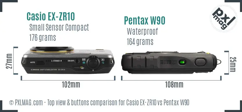 Casio EX-ZR10 vs Pentax W90 top view buttons comparison