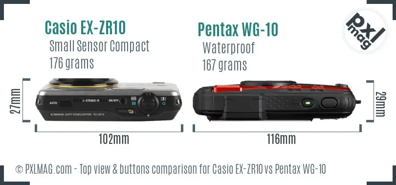 Casio EX-ZR10 vs Pentax WG-10 top view buttons comparison