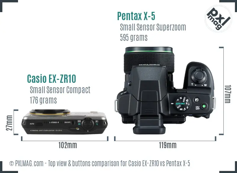 Casio EX-ZR10 vs Pentax X-5 top view buttons comparison Casio EX-ZR10 vs Pentax X-5 top view buttons comparison
