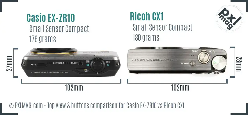 Casio EX-ZR10 vs Ricoh CX1 top view buttons comparison Casio EX-ZR10 vs Ricoh CX1 top view buttons comparison