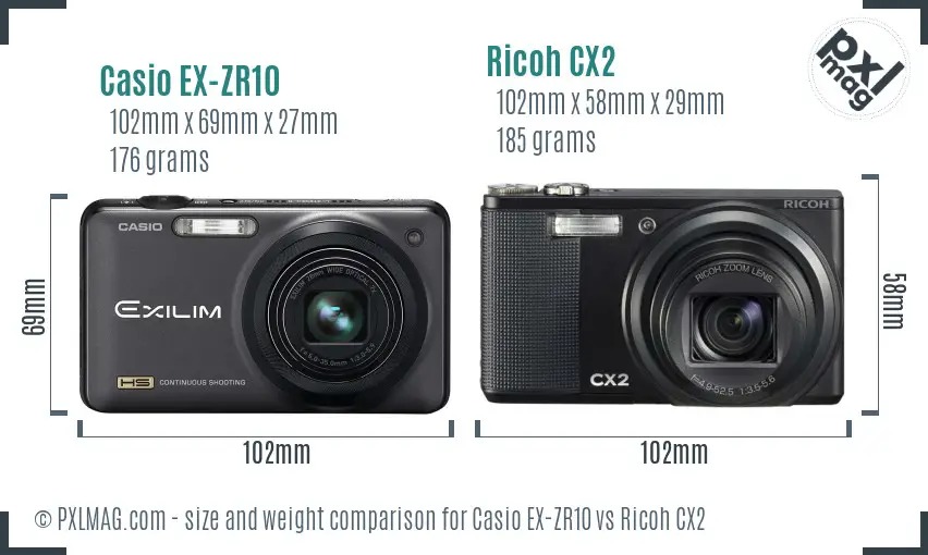 Casio EX-ZR10 vs Ricoh CX2 size comparison