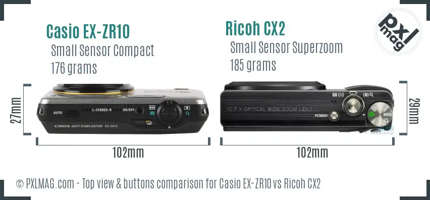 Casio EX-ZR10 vs Ricoh CX2 top view buttons comparison