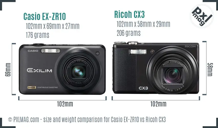 Casio EX-ZR10 vs Ricoh CX3 size comparison