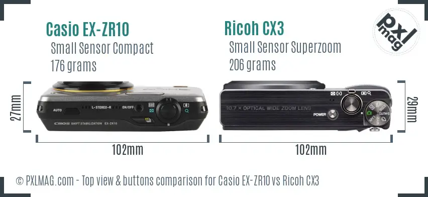 Casio EX-ZR10 vs Ricoh CX3 top view buttons comparison