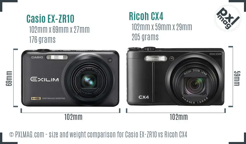 Casio EX-ZR10 vs Ricoh CX4 size comparison