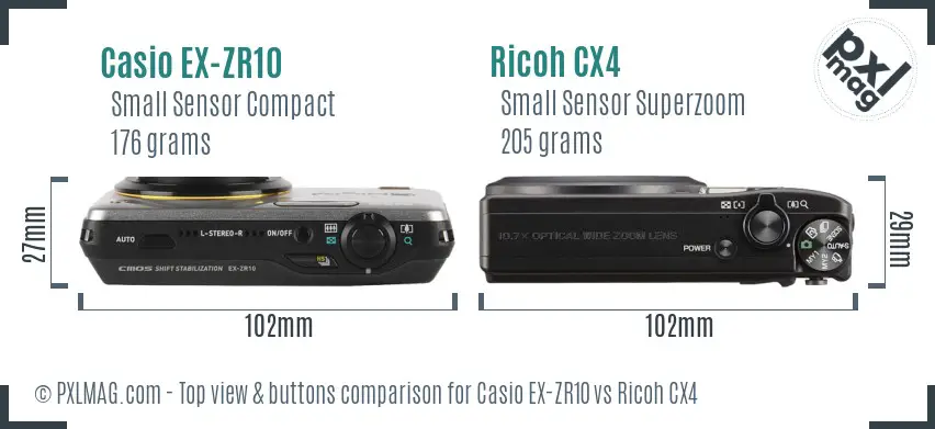 Casio EX-ZR10 vs Ricoh CX4 top view buttons comparison