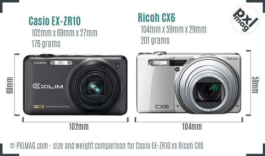 Casio EX-ZR10 vs Ricoh CX6 size comparison