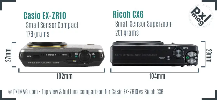 Casio EX-ZR10 vs Ricoh CX6 top view buttons comparison