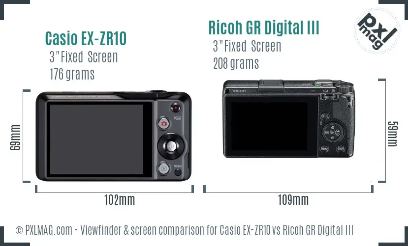 Casio EX-ZR10 vs Ricoh GR Digital III Screen and Viewfinder comparison