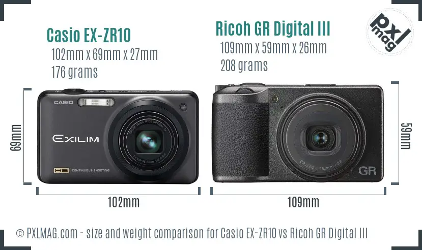 Casio EX-ZR10 vs Ricoh GR Digital III size comparison