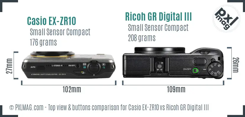 Casio EX-ZR10 vs Ricoh GR Digital III top view buttons comparison