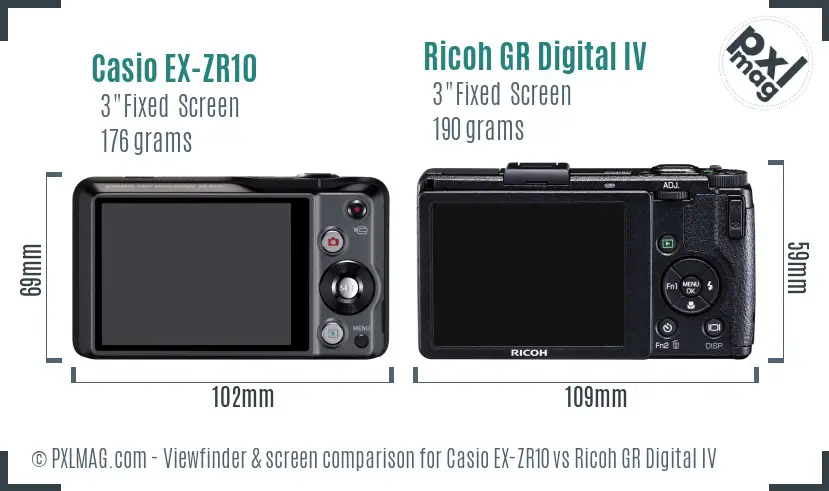 Casio EX-ZR10 vs Ricoh GR Digital IV Screen and Viewfinder comparison