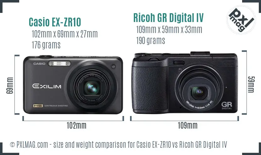 Casio EX-ZR10 vs Ricoh GR Digital IV size comparison