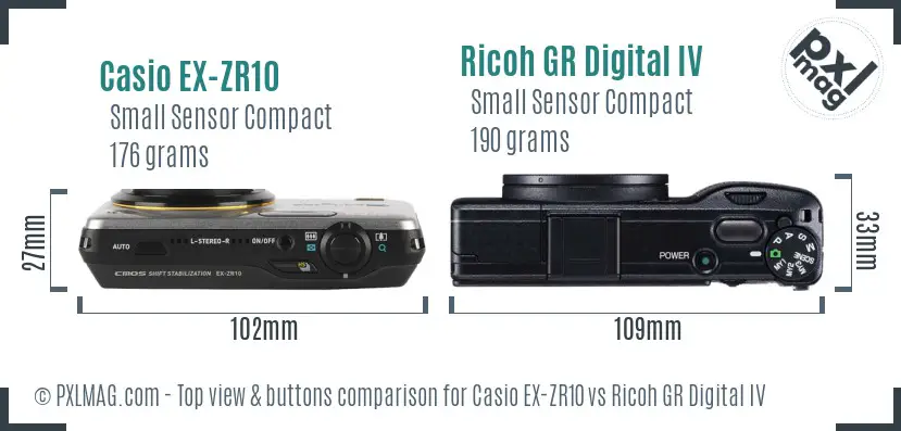Casio EX-ZR10 vs Ricoh GR Digital IV top view buttons comparison