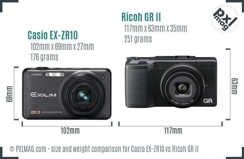 Casio EX-ZR10 vs Ricoh GR II size comparison Casio EX-ZR10 vs Ricoh GR II size comparison