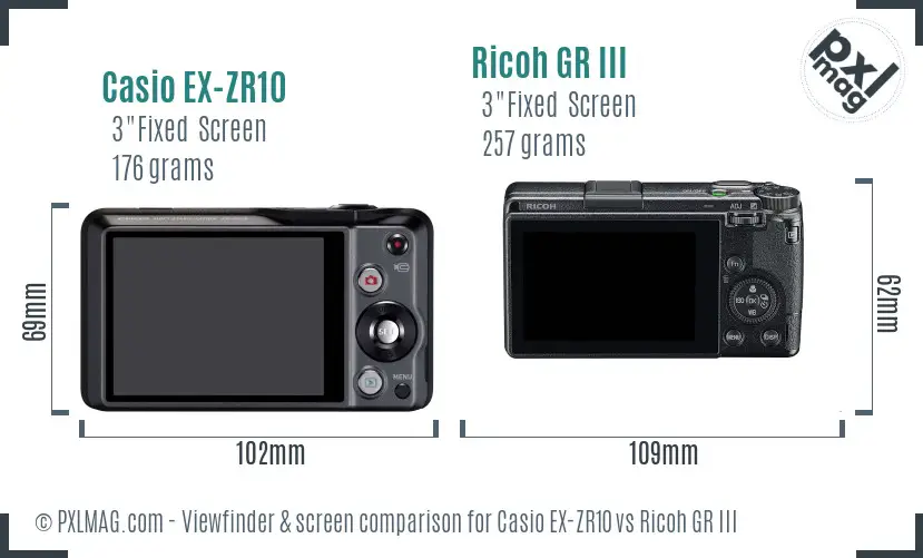 Casio EX-ZR10 vs Ricoh GR III Screen and Viewfinder comparison