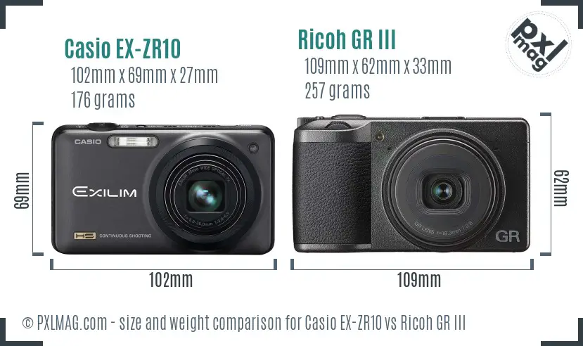 Casio EX-ZR10 vs Ricoh GR III size comparison