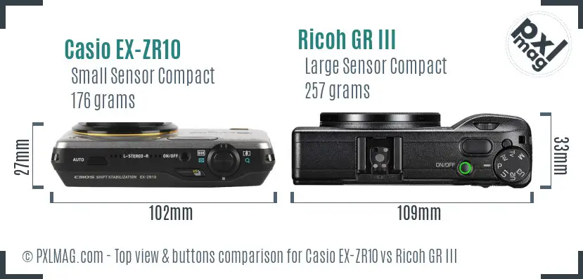 Casio EX-ZR10 vs Ricoh GR III top view buttons comparison