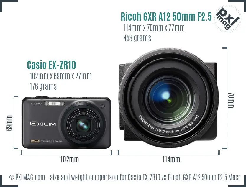 Casio EX-ZR10 vs Ricoh GXR A12 50mm F2.5 Macro size comparison