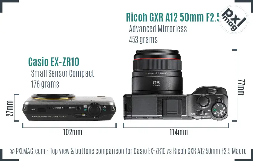 Casio EX-ZR10 vs Ricoh GXR A12 50mm F2.5 Macro top view buttons comparison