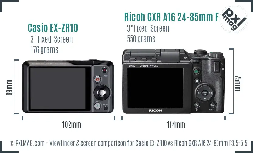 Casio EX-ZR10 vs Ricoh GXR A16 24-85mm F3.5-5.5 Screen and Viewfinder comparison