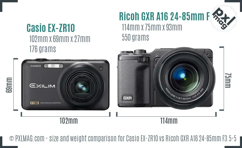 Casio EX-ZR10 vs Ricoh GXR A16 24-85mm F3.5-5.5 size comparison