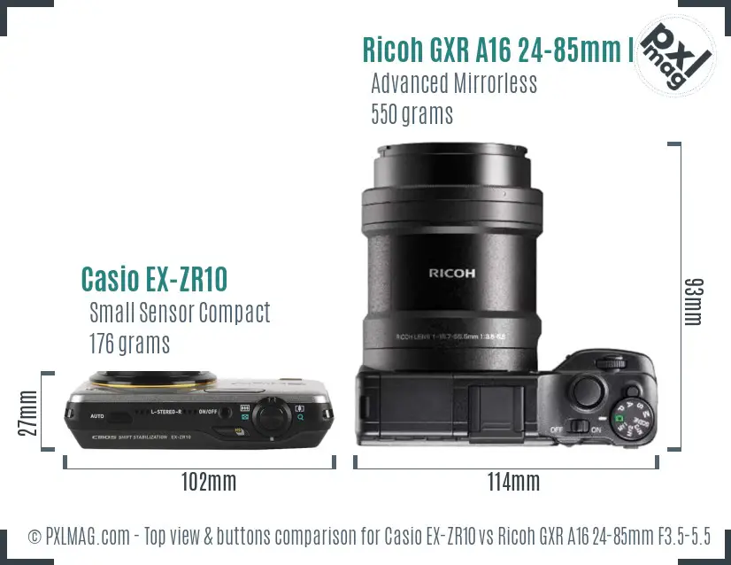 Casio EX-ZR10 vs Ricoh GXR A16 24-85mm F3.5-5.5 top view buttons comparison