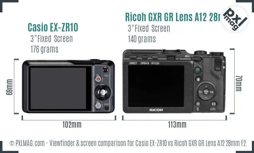 Casio EX-ZR10 vs Ricoh GXR GR Lens A12 28mm F2.5 Screen and Viewfinder comparison