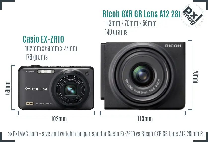 Casio EX-ZR10 vs Ricoh GXR GR Lens A12 28mm F2.5 size comparison