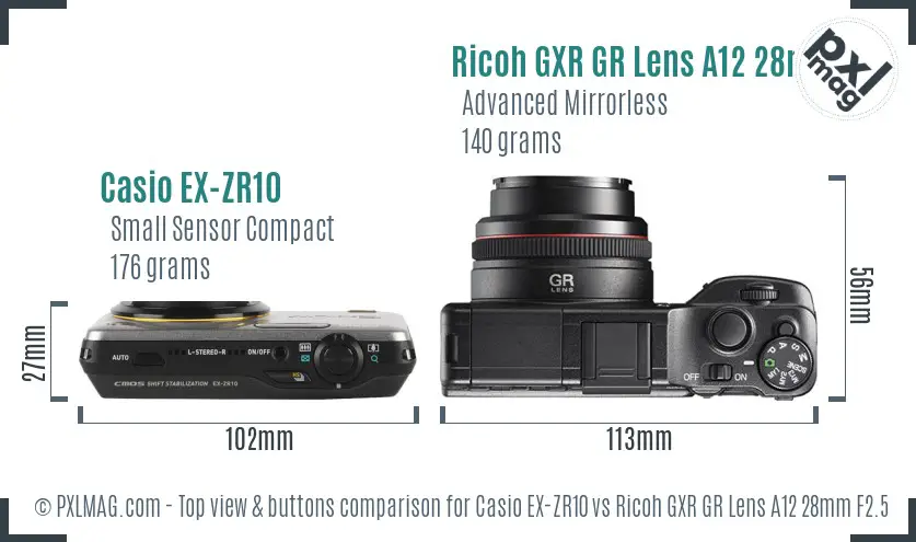 Casio EX-ZR10 vs Ricoh GXR GR Lens A12 28mm F2.5 top view buttons comparison