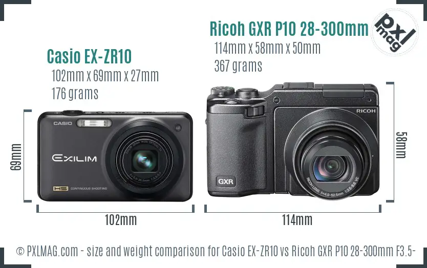 Casio EX-ZR10 vs Ricoh GXR P10 28-300mm F3.5-5.6 VC size comparison Casio EX-ZR10 vs Ricoh GXR P10 28-300mm F3.5-5.6 VC size comparison