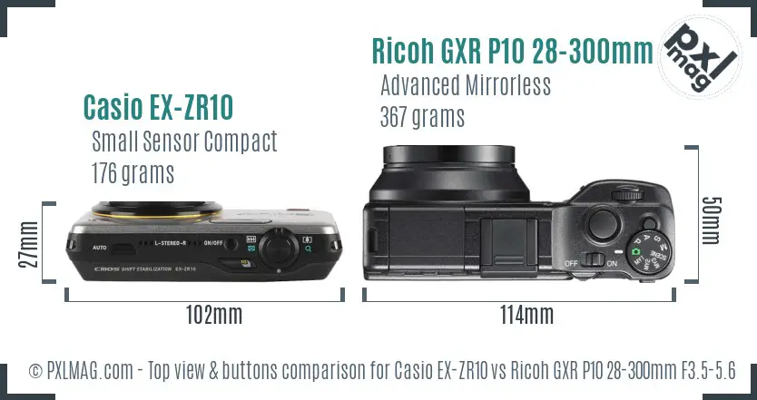 Casio EX-ZR10 vs Ricoh GXR P10 28-300mm F3.5-5.6 VC top view buttons comparison Casio EX-ZR10 vs Ricoh GXR P10 28-300mm F3.5-5.6 VC top view buttons comparison