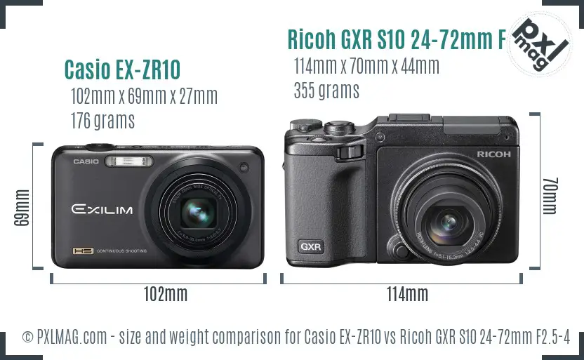 Casio EX-ZR10 vs Ricoh GXR S10 24-72mm F2.5-4.4 VC size comparison