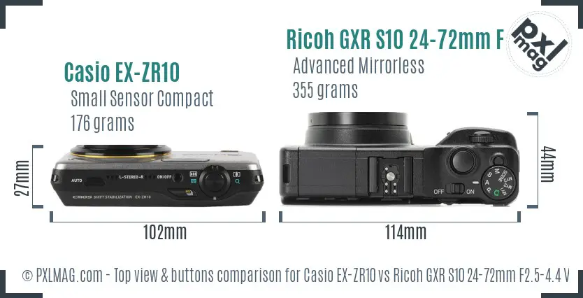 Casio EX-ZR10 vs Ricoh GXR S10 24-72mm F2.5-4.4 VC top view buttons comparison