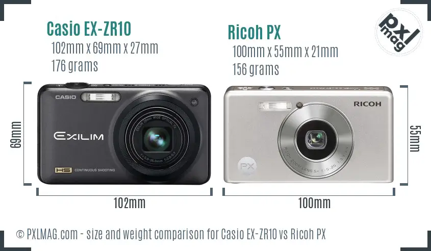 Casio EX-ZR10 vs Ricoh PX size comparison