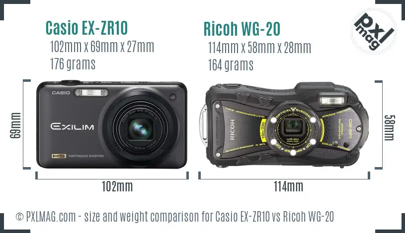 Casio EX-ZR10 vs Ricoh WG-20 size comparison