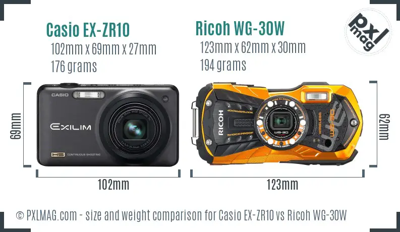 Casio EX-ZR10 vs Ricoh WG-30W size comparison