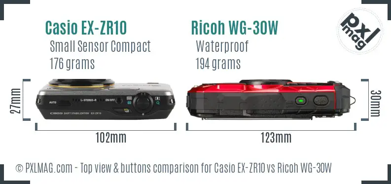 Casio EX-ZR10 vs Ricoh WG-30W top view buttons comparison