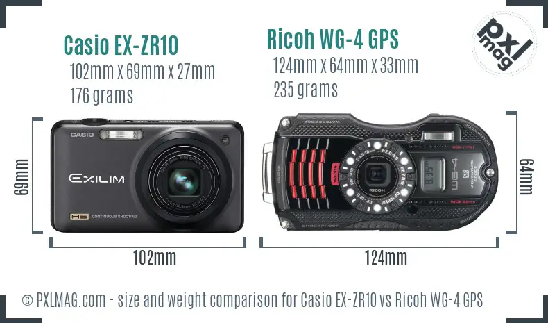 Casio EX-ZR10 vs Ricoh WG-4 GPS size comparison