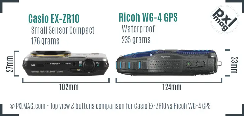 Casio EX-ZR10 vs Ricoh WG-4 GPS top view buttons comparison