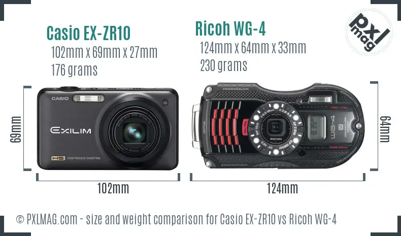 Casio EX-ZR10 vs Ricoh WG-4 size comparison
