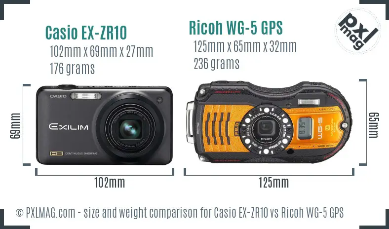 Casio EX-ZR10 vs Ricoh WG-5 GPS size comparison