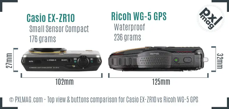 Casio EX-ZR10 vs Ricoh WG-5 GPS top view buttons comparison