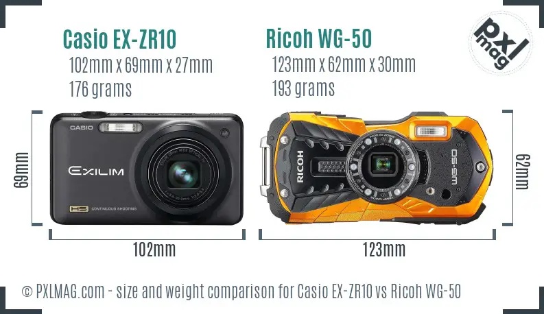 Casio EX-ZR10 vs Ricoh WG-50 size comparison
