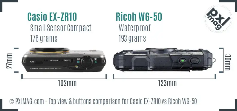 Casio EX-ZR10 vs Ricoh WG-50 top view buttons comparison